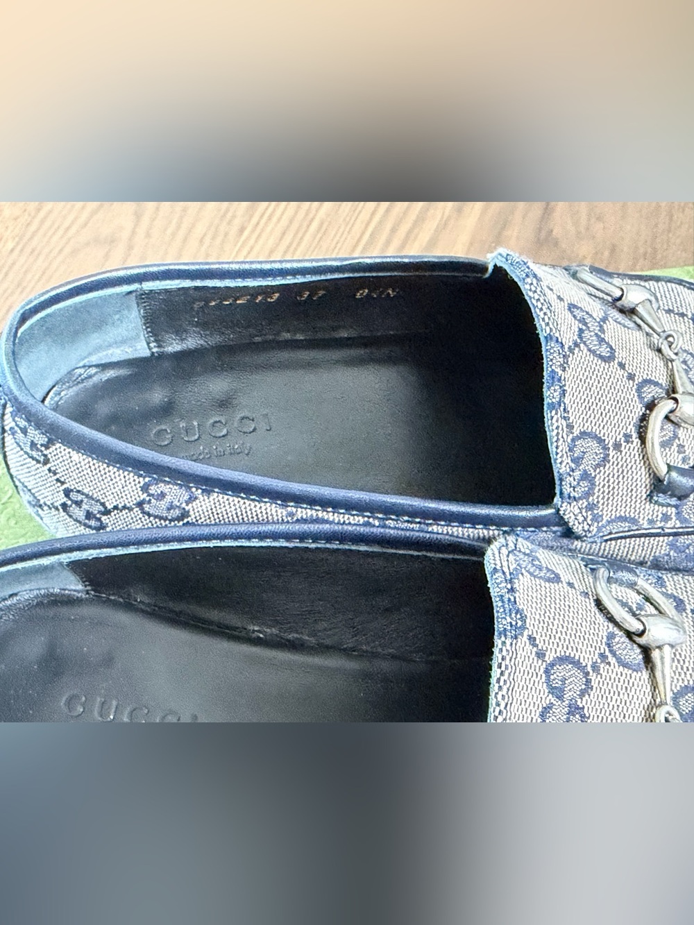 Gucci Beige Canvas GG Horsebit Loafer with Navy Trim - Picture 8 of 11